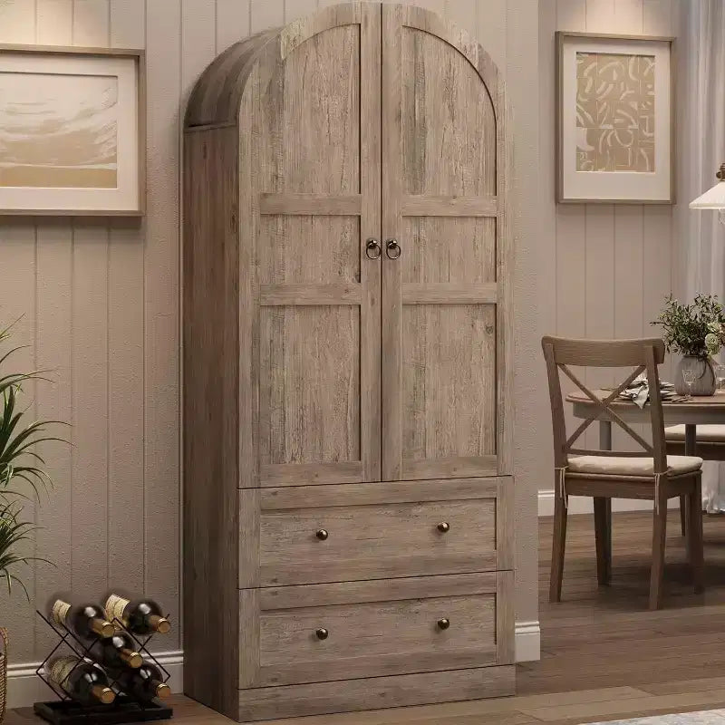 Dispensa Moderna da Fattoria Alta 72 Pollici con Ante e Cassetti ad Arco, Grande Mobile Contenitore in Legno con Ripiani Spessorati, Ideale per la Cucina