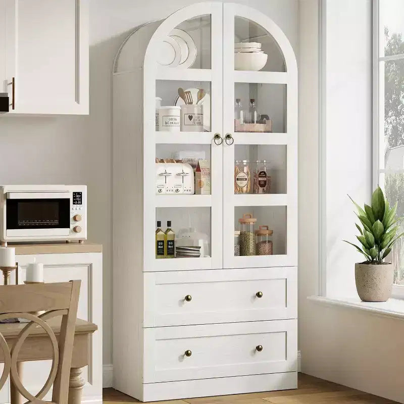 Dispensa Moderna da Fattoria Alta 72 Pollici con Ante e Cassetti ad Arco, Grande Mobile Contenitore in Legno con Ripiani Spessorati, Ideale per la Cucina
