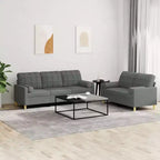 Divano in Tessuto Grigio Scuro, Set Moderno 2 Pezzi per Soggiorno con Cuscini Decorativi e Seduta