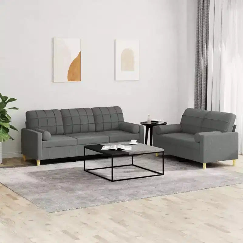 Divano in Tessuto Grigio Scuro, Set Moderno 2 Pezzi per Soggiorno con Cuscini Decorativi e Seduta