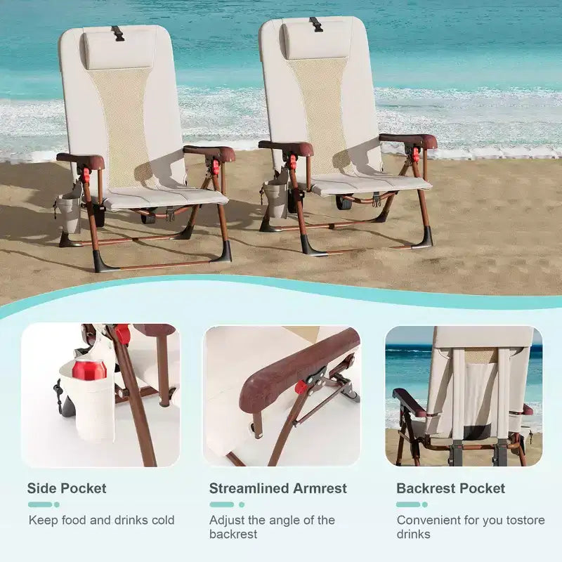 Sedia da spiaggia portatile a zaino per adulti - Sedia da campeggio pieghevole con tasca portaoggetti e portabicchieri, sedie a sdraio regolabili per esterni, viaggi, picnic