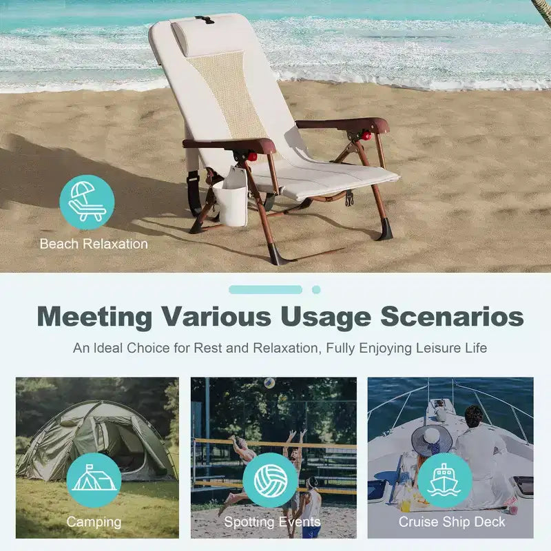 Sedia da spiaggia portatile a zaino per adulti - Sedia da campeggio pieghevole con tasca portaoggetti e portabicchieri, sedie a sdraio regolabili per esterni, viaggi, picnic