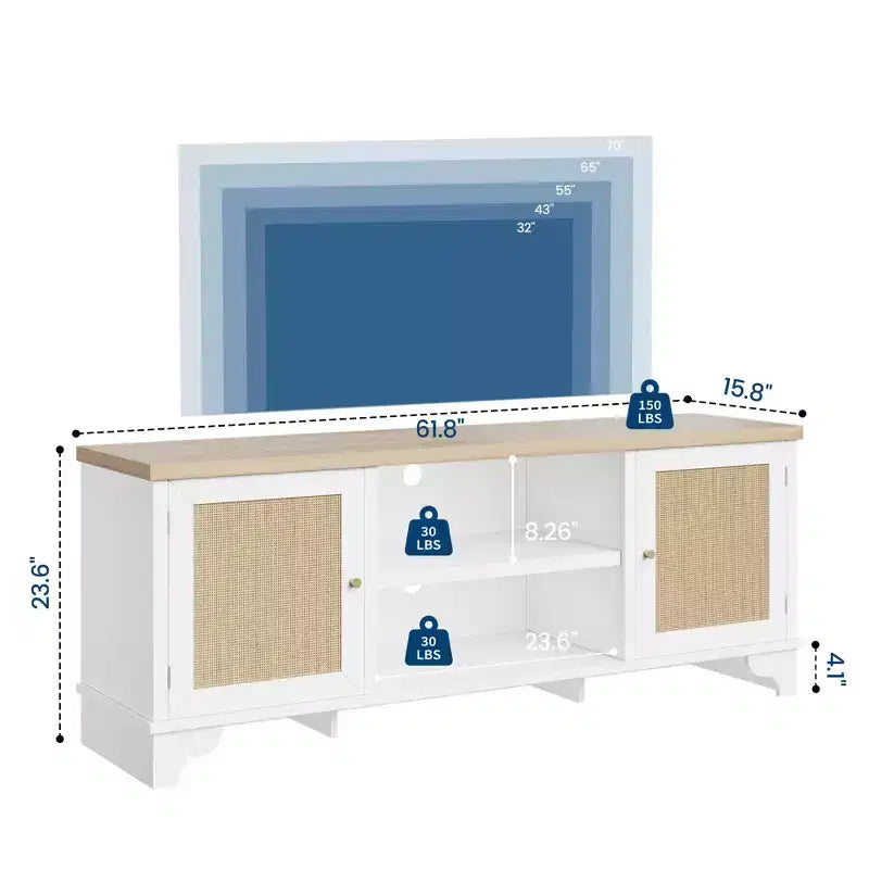 Mobile TV in Rattan da 70 cm con 2 Armadietti e Ripiano, Tavolino Console Multimediale Bohemien per Appartamento o Soggiorno, Finitura Nera