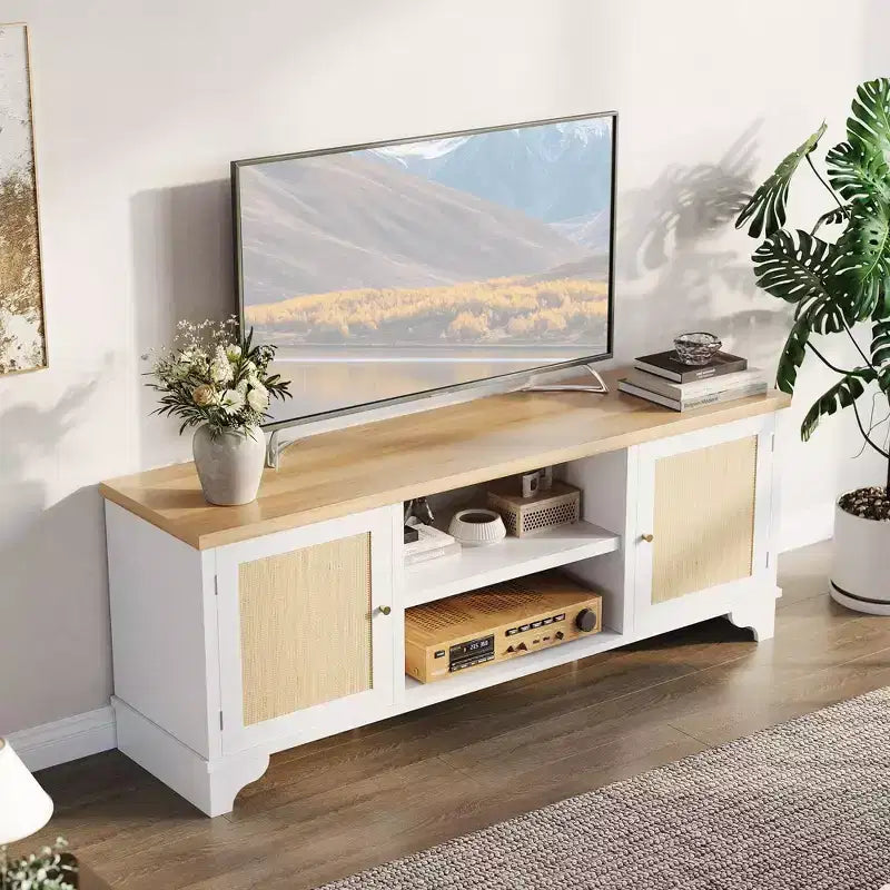 Mobile TV in Rattan da 70 cm con 2 Armadietti e Ripiano, Tavolino Console Multimediale Bohemien per Appartamento o Soggiorno, Finitura Nera