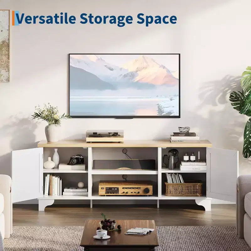 Mobile TV in Rattan da 70 cm con 2 Armadietti e Ripiano, Tavolino Console Multimediale Bohemien per Appartamento o Soggiorno, Finitura Nera