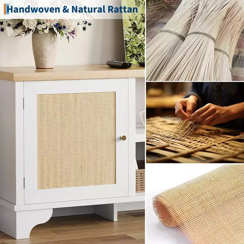 Mobile TV in Rattan da 70 cm con 2 Armadietti e Ripiano, Tavolino Console Multimediale Bohemien per Appartamento o Soggiorno, Finitura Nera