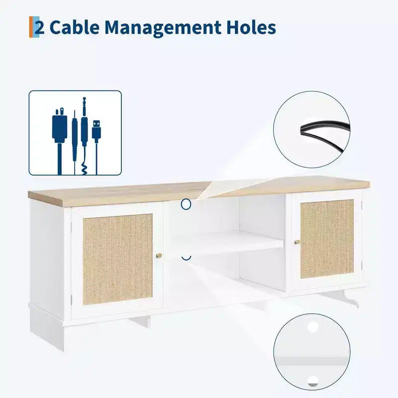 Mobile TV in Rattan da 70 cm con 2 Armadietti e Ripiano, Tavolino Console Multimediale Bohemien per Appartamento o Soggiorno, Finitura Nera