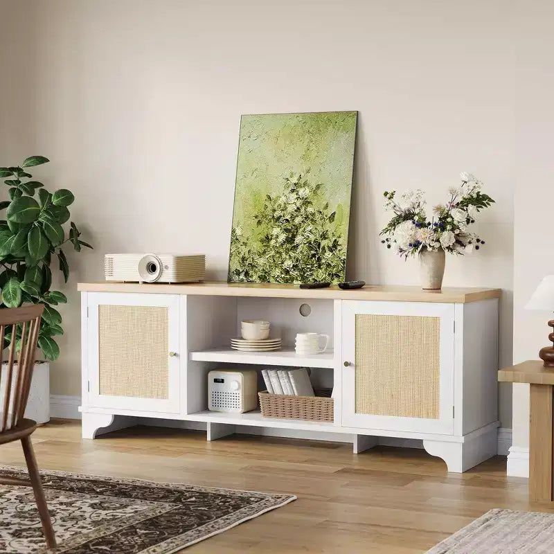 Mobile TV in Rattan da 70 cm con 2 Armadietti e Ripiano, Tavolino Console Multimediale Bohemien per Appartamento o Soggiorno, Finitura Nera