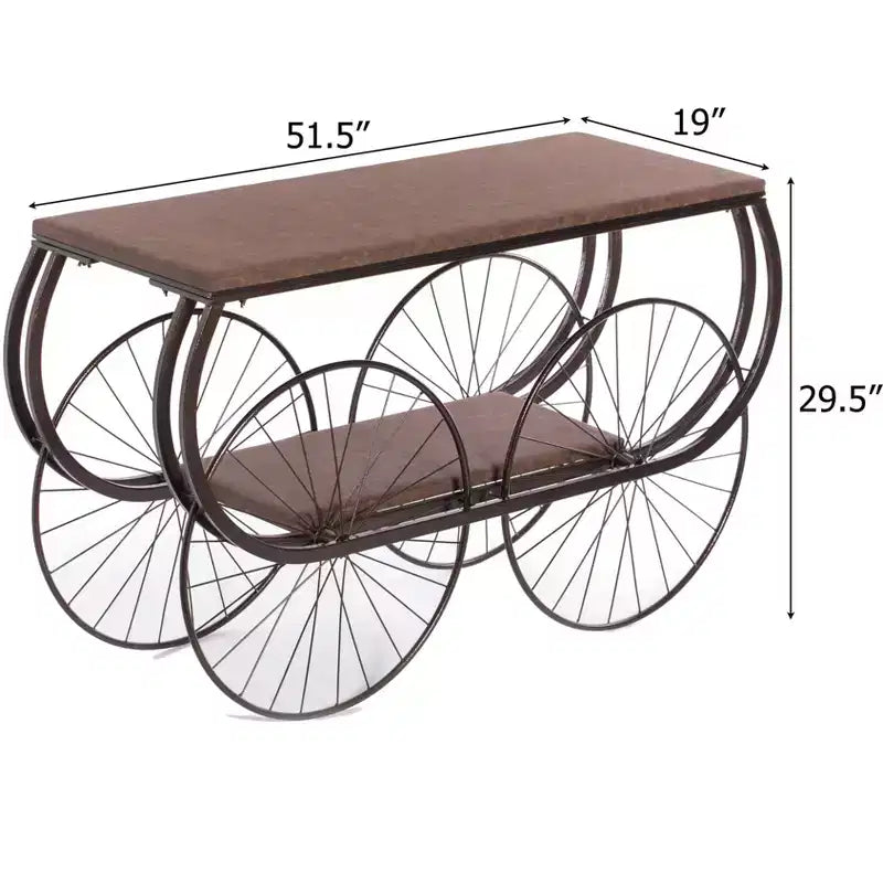 Tavolo Consolle Industriale in Stile Carro con Piano in Legno Rustico, Grandi Ruote in Metallo con Raggi e Ripiano Inferiore, Tavolino da Esposizione Vintage