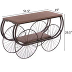 Tavolo Consolle Industriale in Stile Carro con Piano in Legno Rustico, Grandi Ruote in Metallo con Raggi e Ripiano Inferiore, Tavolino da Esposizione Vintage