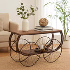 Tavolo Consolle Industriale in Stile Carro con Piano in Legno Rustico, Grandi Ruote in Metallo con Raggi e Ripiano Inferiore, Tavolino da Esposizione Vintage