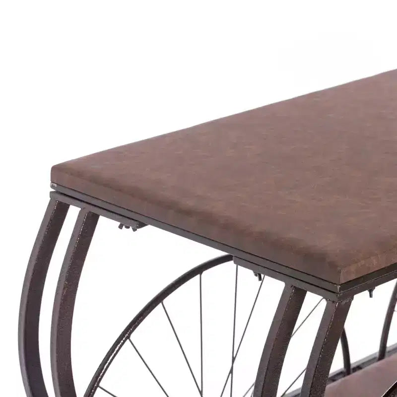 Tavolo Consolle Industriale in Stile Carro con Piano in Legno Rustico, Grandi Ruote in Metallo con Raggi e Ripiano Inferiore, Tavolino da Esposizione Vintage