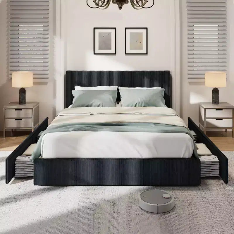 Struttura letto king size con testiera alta imbottita ad ali, struttura letto king size imbottita in velluto con 4 cassetti e supporto a doghe in legno
