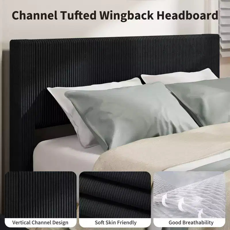 Struttura letto king size con testiera alta imbottita ad ali, struttura letto king size imbottita in velluto con 4 cassetti e supporto a doghe in legno