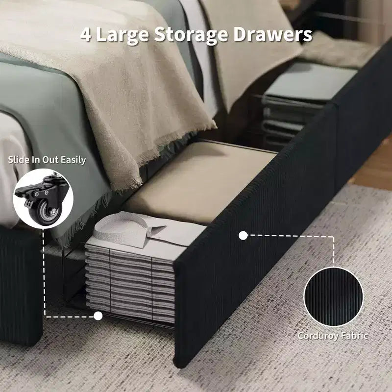 Struttura letto king size con testiera alta imbottita ad ali, struttura letto king size imbottita in velluto con 4 cassetti e supporto a doghe in legno