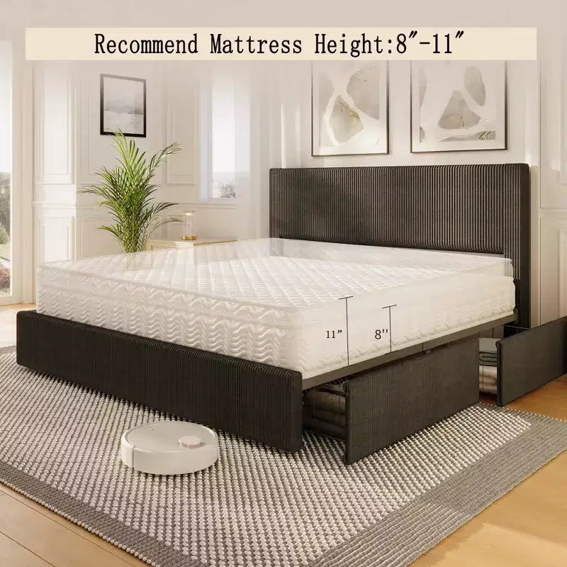 Struttura letto king size con testiera alta imbottita ad ali, struttura letto king size imbottita in velluto con 4 cassetti e supporto a doghe in legno