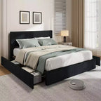 Struttura letto king size con testiera alta imbottita ad ali, struttura letto king size imbottita in velluto con 4 cassetti e supporto a doghe in legno