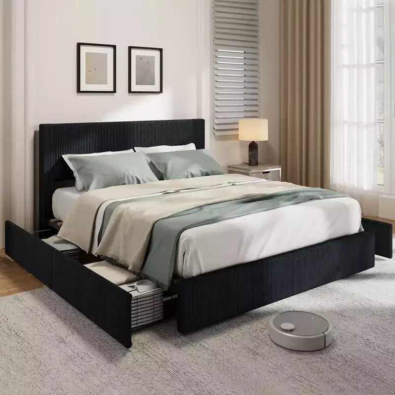 Struttura letto king size con testiera alta imbottita ad ali, struttura letto king size imbottita in velluto con 4 cassetti e supporto a doghe in legno
