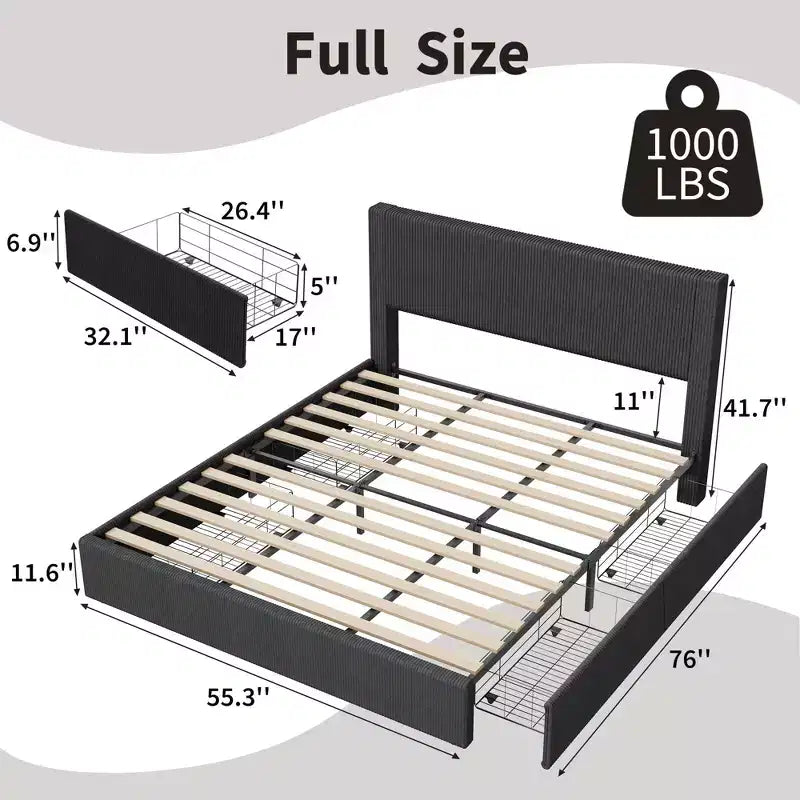 Struttura letto king size con testiera alta imbottita ad ali, struttura letto king size imbottita in velluto con 4 cassetti e supporto a doghe in legno