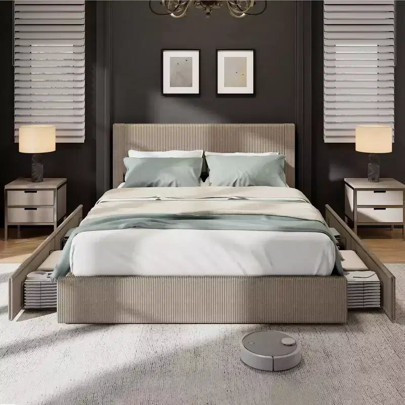 Struttura letto king size con testiera alta imbottita ad ali, struttura letto king size imbottita in velluto con 4 cassetti e supporto a doghe in legno