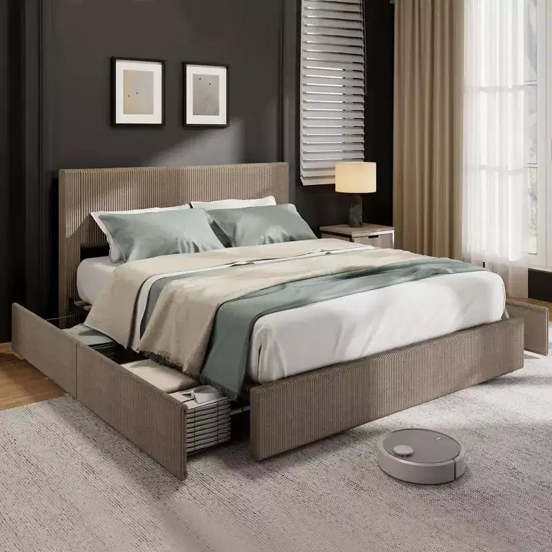 Struttura letto king size con testiera alta imbottita ad ali, struttura letto king size imbottita in velluto con 4 cassetti e supporto a doghe in legno