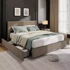 Struttura letto king size con testiera alta imbottita ad ali, struttura letto king size imbottita in velluto con 4 cassetti e supporto a doghe in legno