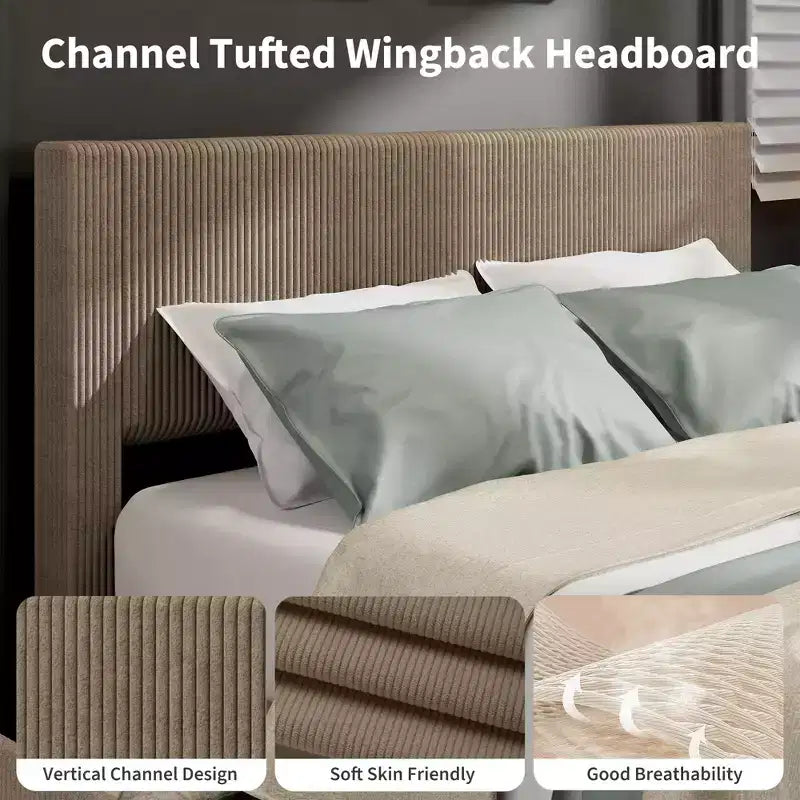 Struttura letto king size con testiera alta imbottita ad ali, struttura letto king size imbottita in velluto con 4 cassetti e supporto a doghe in legno