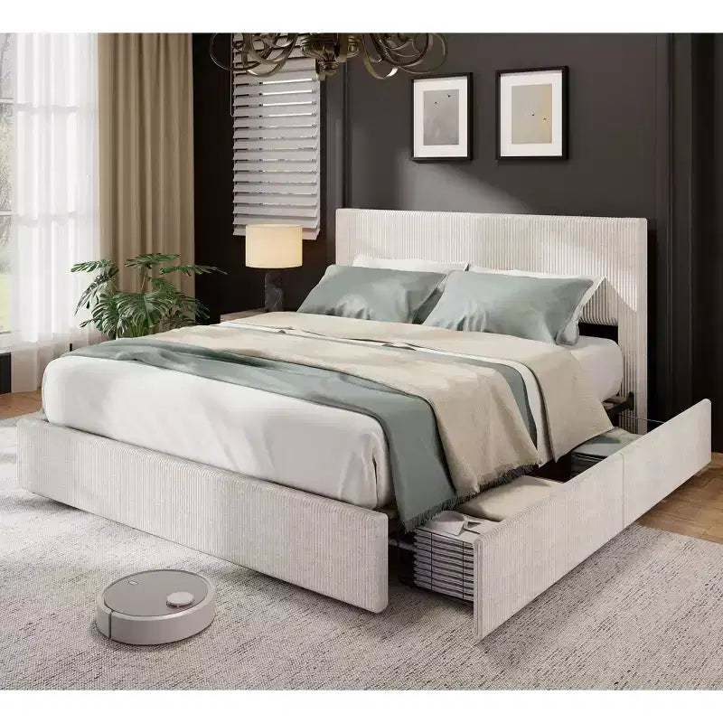 Struttura letto king size con testiera alta imbottita ad ali, struttura letto king size imbottita in velluto con 4 cassetti e supporto a doghe in legno