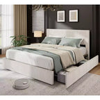 Struttura letto king size con testiera alta imbottita ad ali, struttura letto king size imbottita in velluto con 4 cassetti e supporto a doghe in legno