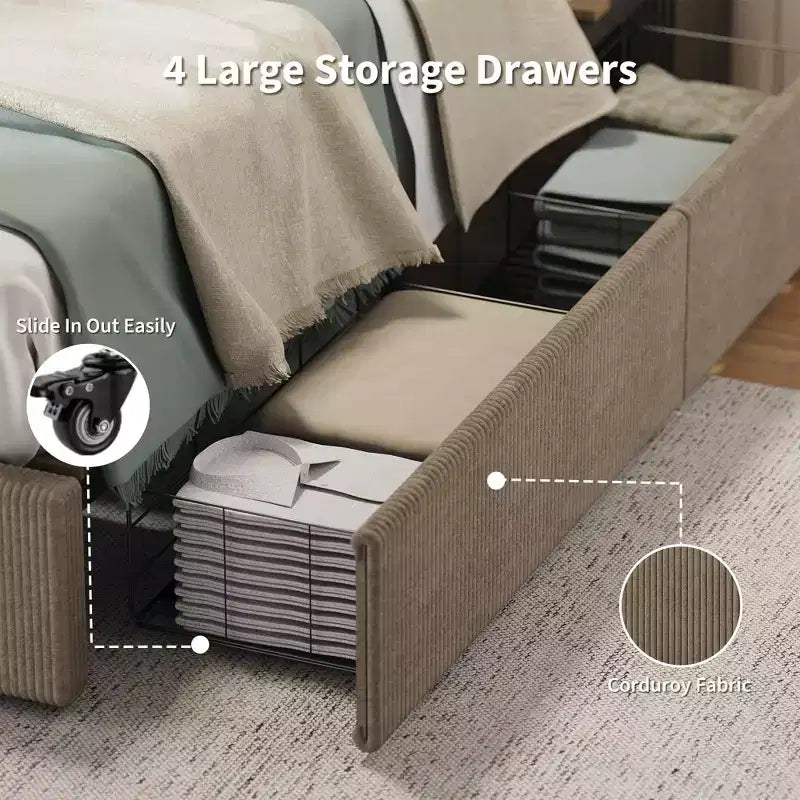 Struttura letto king size con testiera alta imbottita ad ali, struttura letto king size imbottita in velluto con 4 cassetti e supporto a doghe in legno