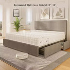 Struttura letto king size con testiera alta imbottita ad ali, struttura letto king size imbottita in velluto con 4 cassetti e supporto a doghe in legno