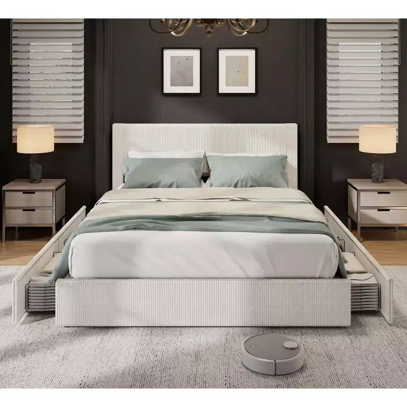Struttura letto king size con testiera alta imbottita ad ali, struttura letto king size imbottita in velluto con 4 cassetti e supporto a doghe in legno