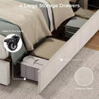 Struttura letto king size con testiera alta imbottita ad ali, struttura letto king size imbottita in velluto con 4 cassetti e supporto a doghe in legno
