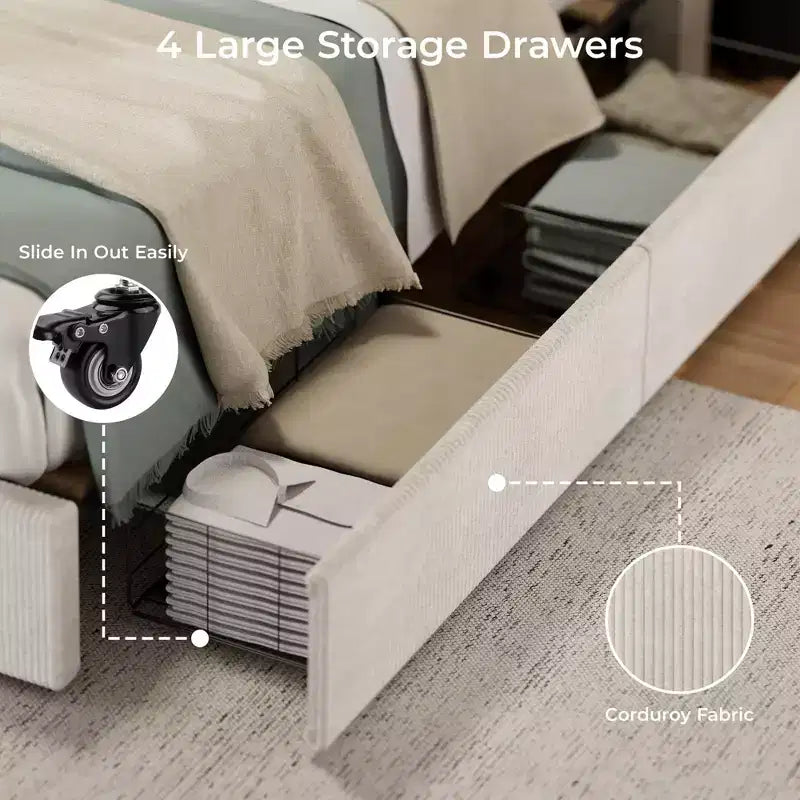 Struttura letto king size con testiera alta imbottita ad ali, struttura letto king size imbottita in velluto con 4 cassetti e supporto a doghe in legno