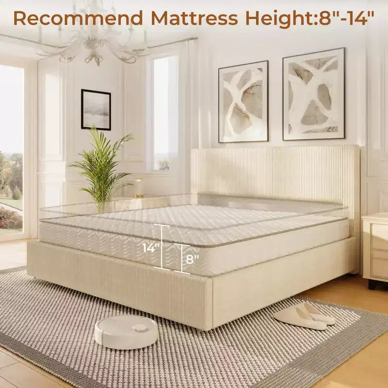 Struttura letto king size con testiera alta imbottita ad ali, struttura letto king size imbottita in velluto con 4 cassetti e supporto a doghe in legno