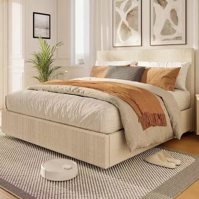Struttura letto king size con testiera alta imbottita ad ali, struttura letto king size imbottita in velluto con 4 cassetti e supporto a doghe in legno