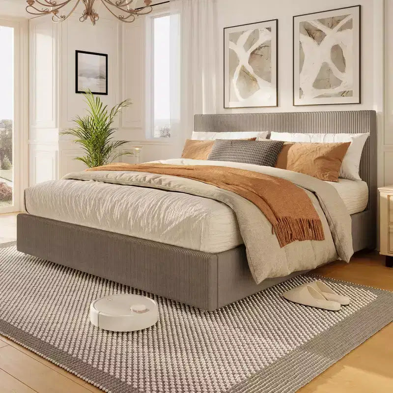 Struttura letto king size con testiera alta imbottita ad ali, struttura letto king size imbottita in velluto con 4 cassetti e supporto a doghe in legno