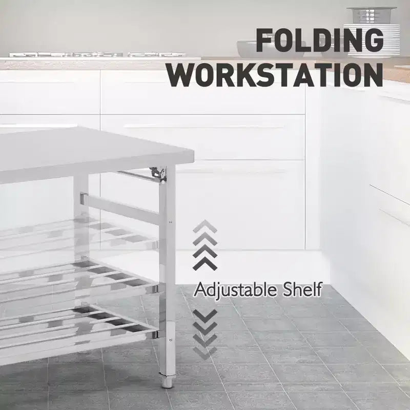 Tavolo in acciaio inossidabile, 30 x 48 pollici, pieghevole, resistente, per cucina, tavolo da preparazione commerciale in acciaio inossidabile con ripiano inferiore regolabile