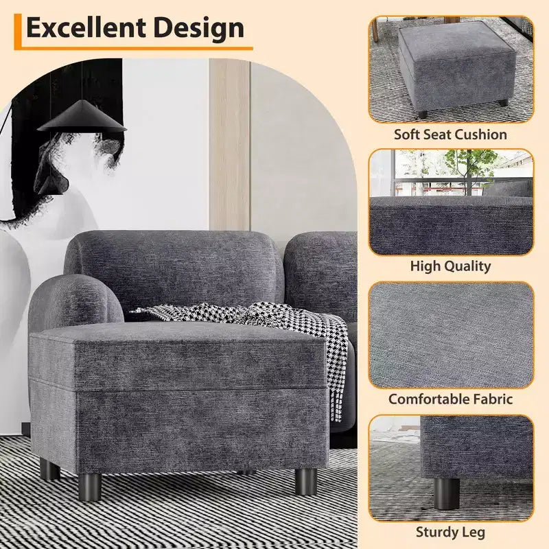 Modulo contenitore in ciniglia da 67 cm per divano componibile, pouf quadrato per divano letto componibile, grigio scuro