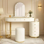 GDFStudio Aurora Modern Wood Makeup Vanity Table Set with Stool, LED Mirror and 6 PU Leather Storage Drawers