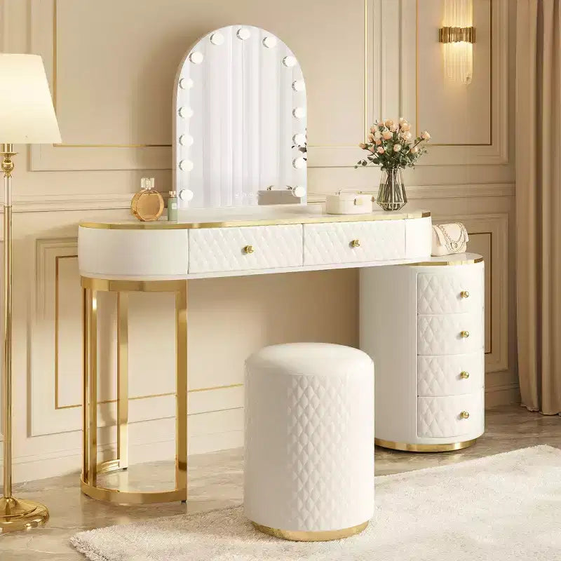 Moderna Toeletta da Trucco in Legno con Sgabello, Specchio a LED e 6 Cassetti Contenitori in Pelle PU