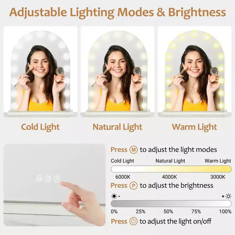 Moderna Toeletta da Trucco in Legno con Sgabello, Specchio a LED e 6 Cassetti Contenitori in Pelle PU
