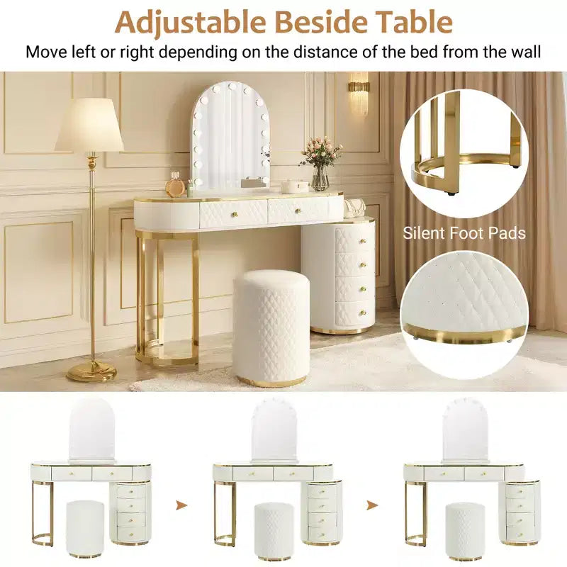 Moderna Toeletta da Trucco in Legno con Sgabello, Specchio a LED e 6 Cassetti Contenitori in Pelle PU