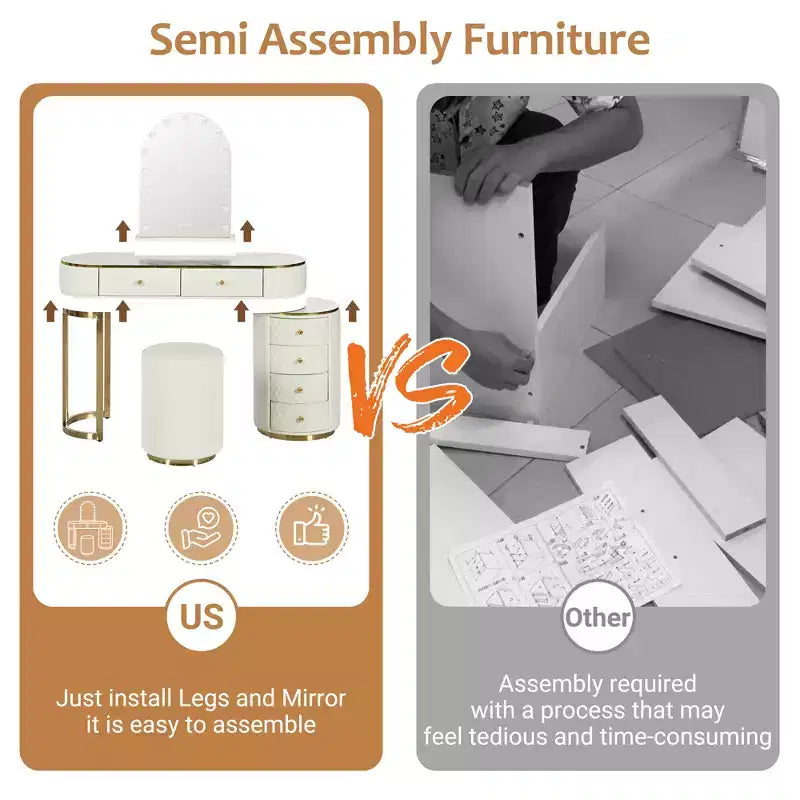 Moderna Toeletta da Trucco in Legno con Sgabello, Specchio a LED e 6 Cassetti Contenitori in Pelle PU