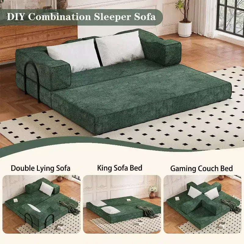 Divano letto convertibile da 80" con 2 cuscini, divano a pavimento a 3 posti, letto matrimoniale, combinazione fai da te, ciniglia, verde