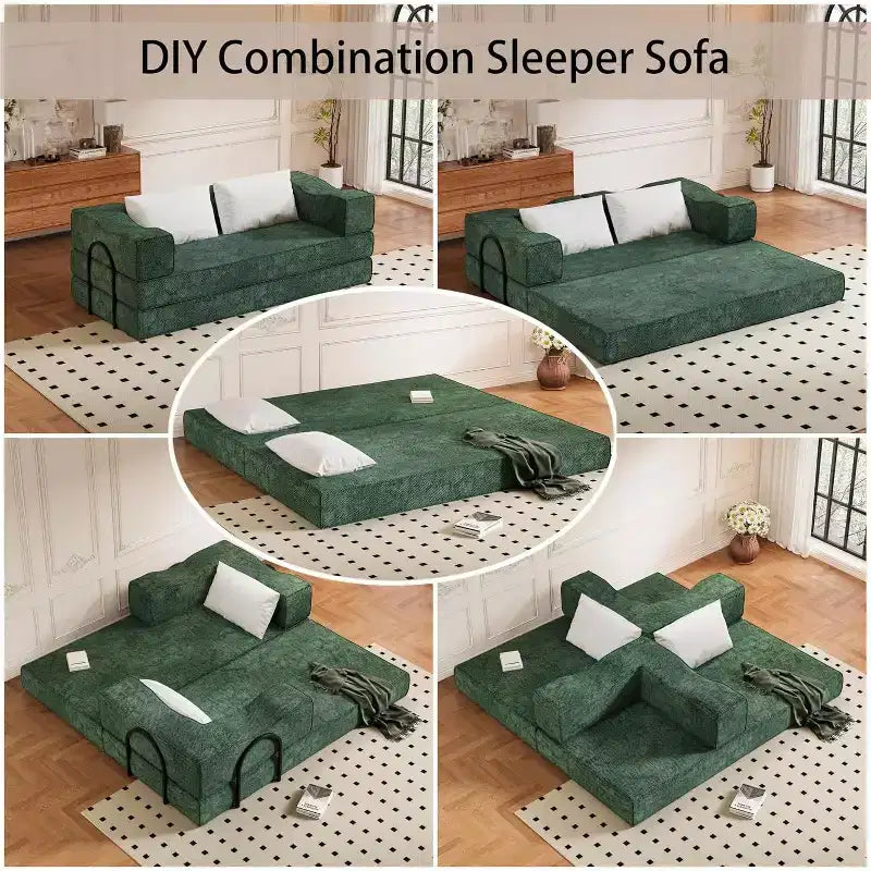 Divano letto convertibile da 80" con 2 cuscini, divano a pavimento a 3 posti, letto matrimoniale, combinazione fai da te, ciniglia, verde