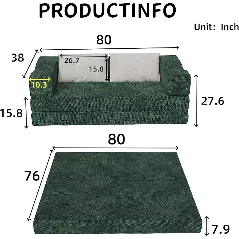 Divano letto convertibile da 80" con 2 cuscini, divano a pavimento a 3 posti, letto matrimoniale, combinazione fai da te, ciniglia, verde