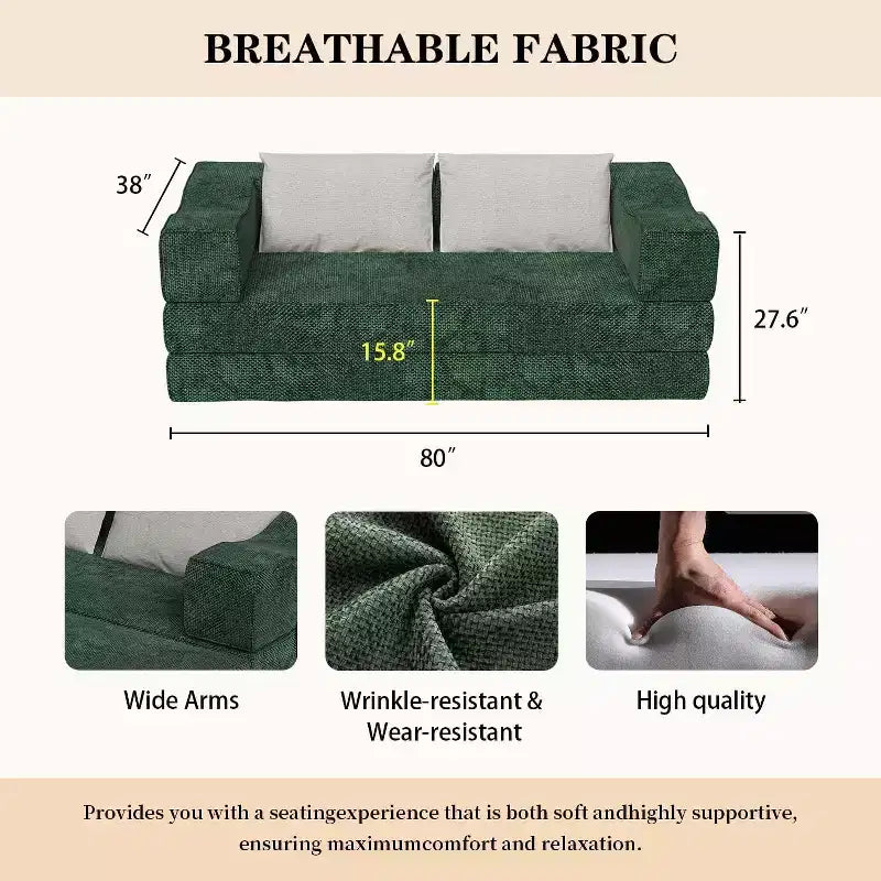 Divano letto convertibile da 80" con 2 cuscini, divano a pavimento a 3 posti, letto matrimoniale, combinazione fai da te, ciniglia, verde