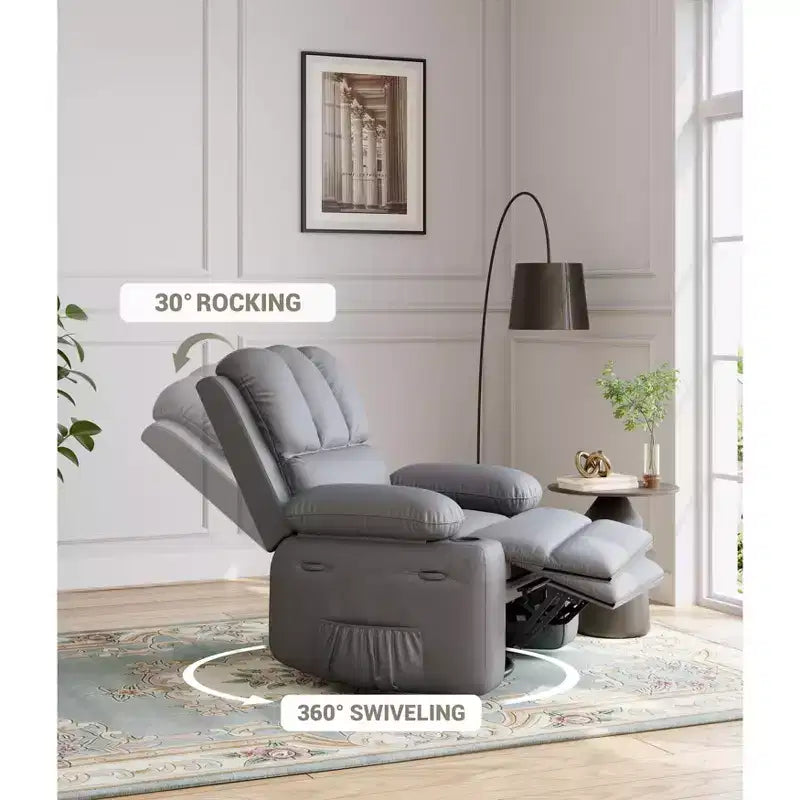 Poltrona reclinabile a dondolo girevole a 360°, divano singolo imbottito manuale in pelle PU con portabicchieri e tasche laterali per soggiorno, camera da letto, cameretta