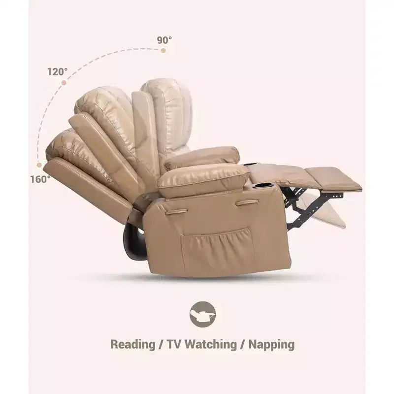 Poltrona reclinabile a dondolo girevole a 360°, divano singolo imbottito manuale in pelle PU con portabicchieri e tasche laterali per soggiorno, camera da letto, cameretta